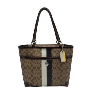 Coach Brown Coated Monogram Canvas Heritage Stripe Tote Bag F14477
